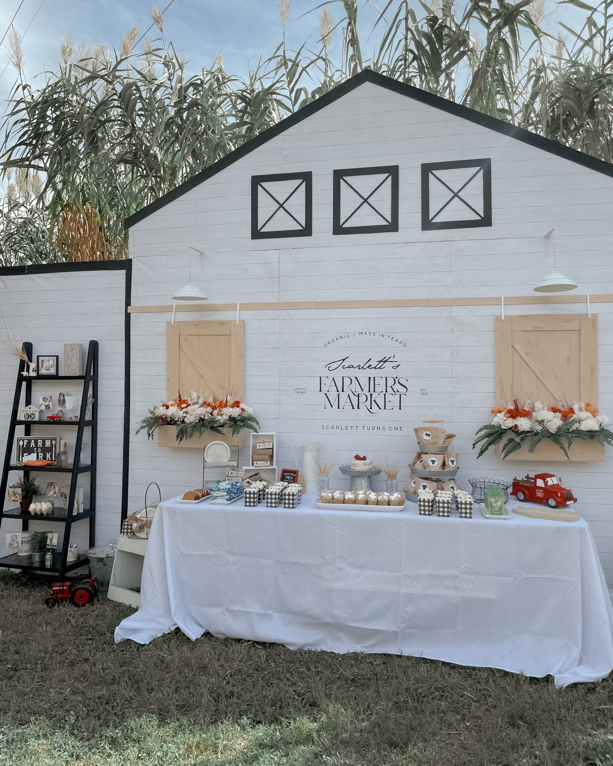 Food table backdrop of a personalized Farmers Market  storefront at a farmers market first birthday
